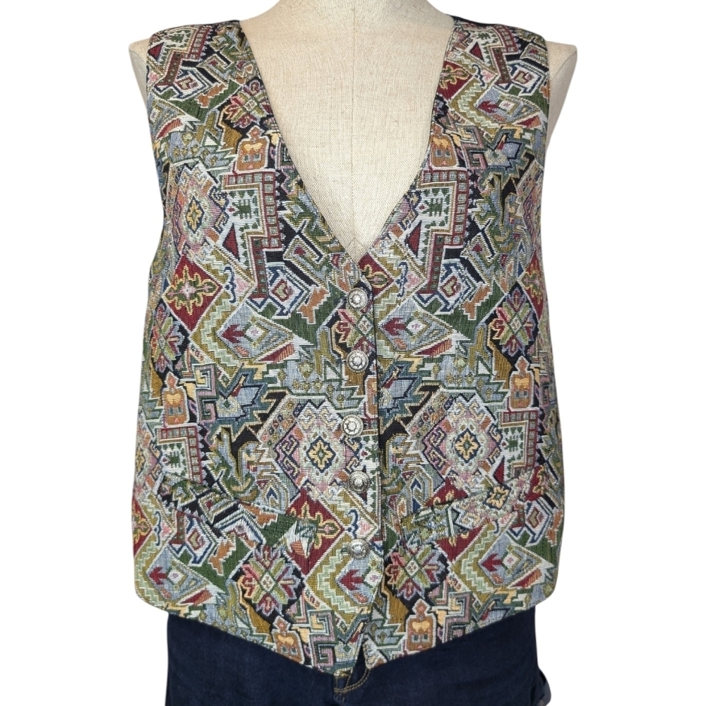 Vintage 90s Cotton Ginny Tapestry Vest Boho Button-Up Medium